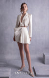 MNM Couture GOS2539 Pleated gold champagne razmir skirt with draped accents and cropped razmir jacket with tailored lapels. | Couture Shop LA