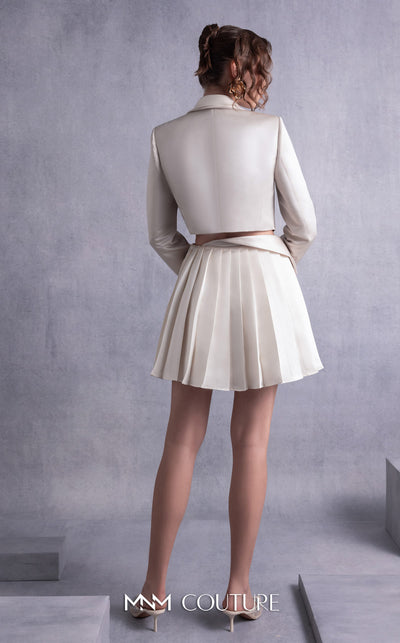 MNM Couture GOS2539 Pleated gold champagne razmir skirt with draped accents and cropped razmir jacket with tailored lapels. | Couture Shop LA