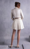 MNM Couture GOS2539 Pleated gold champagne razmir skirt with draped accents and cropped razmir jacket with tailored lapels. | Couture Shop LA