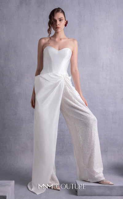MNM Couture GOS2540 Wide-leg off-white sequined pants with taffeta overlay and heart-shaped piqué corset top. | Couture Shop LA