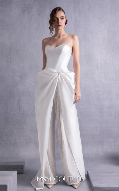 MNM Couture GOS2540 Wide-leg off-white sequined pants with taffeta overlay and heart-shaped piqué corset top. | Couture Shop LA
