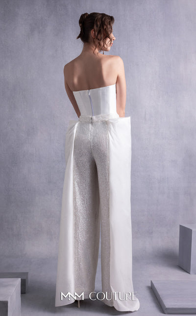 MNM Couture GOS2540 Wide-leg off-white sequined pants with taffeta overlay and heart-shaped piqué corset top. | Couture Shop LA