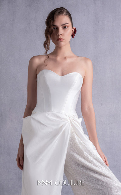MNM Couture GOS2540 Wide-leg off-white sequined pants with taffeta overlay and heart-shaped piqué corset top. | Couture Shop LA