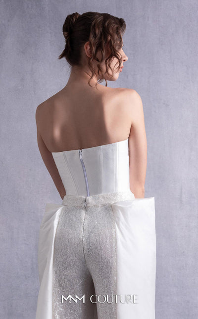 MNM Couture GOS2540 Wide-leg off-white sequined pants with taffeta overlay and heart-shaped piqué corset top. | Couture Shop LA