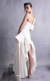 MNM Couture GOS2541 High-low razmir and taffeta skirt with cascading ruffles and asymmetric taffeta top with pleated off-shoulder design. | Couture Shop LA