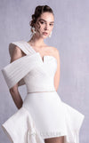 MNM Couture GOS2541 High-low razmir and taffeta skirt with cascading ruffles and asymmetric taffeta top with pleated off-shoulder design. | Couture Shop LA