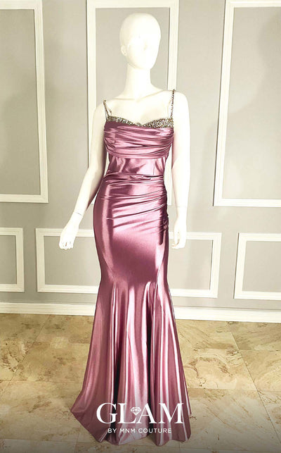 GLAM By MNM COUTURE H05019 rhinestone embellished maxi dress with spaghetti straps and straight-cut neckline.