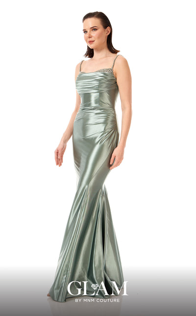 GLAM By MNM COUTURE H05019 rhinestone embellished maxi dress with spaghetti straps and straight-cut neckline.