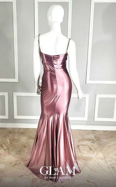 GLAM By MNM COUTURE H05019 rhinestone embellished maxi dress with spaghetti straps and straight-cut neckline.