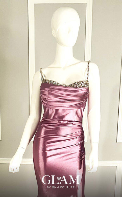 GLAM By MNM COUTURE H05019 rhinestone embellished maxi dress with spaghetti straps and straight-cut neckline.