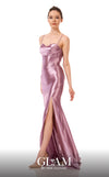 GLAM By MNM COUTURE H05042 sweetheart maxi dress with corset lacing, spaghetti straps, and graceful flow.