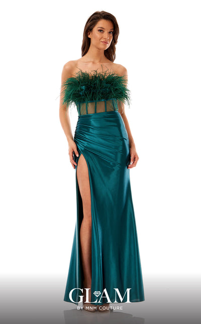 GLAM By MNM COUTURE H05049 strapless maxi dress with straight neckline and feather-embellished bust.