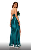 GLAM By MNM COUTURE H05049 strapless maxi dress with straight neckline and feather-embellished bust.