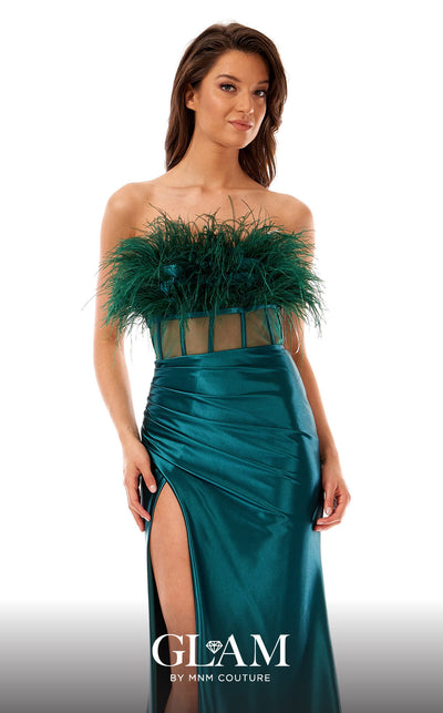 GLAM By MNM COUTURE H05049 strapless maxi dress with straight neckline and feather-embellished bust.