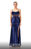 GLAM By MNM COUTURE H05108 maxi dress with sheer corset, open leg, spaghetti straps, and rhinestone accents.