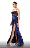 GLAM By MNM COUTURE H05108 maxi dress with sheer corset, open leg, spaghetti straps, and rhinestone accents.