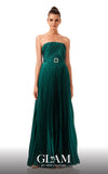 GLAM By MNM COUTURE H05112 pleated strapless maxi dress with a rhinestone belt and straight-cut neckline.