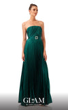 GLAM By MNM COUTURE H05112 pleated strapless maxi dress with a rhinestone belt and straight-cut neckline.