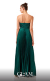 GLAM By MNM COUTURE H05112 pleated strapless maxi dress with a rhinestone belt and straight-cut neckline.