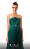 GLAM By MNM COUTURE H05112 pleated strapless maxi dress with a rhinestone belt and straight-cut neckline.