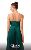 GLAM By MNM COUTURE H05112 pleated strapless maxi dress with a rhinestone belt and straight-cut neckline.