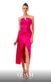 GLAM By MNM COUTURE H07278 strapless satin midi dress with a sweetheart neck, pleated front, and open leg.