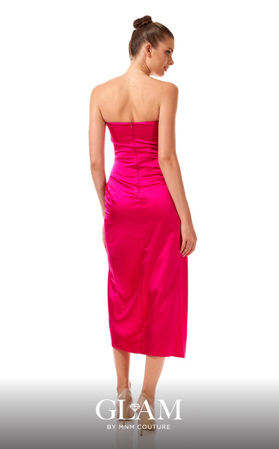 GLAM By MNM COUTURE H07278 strapless satin midi dress with a sweetheart neck, pleated front, and open leg.