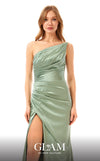 GLAM By MNM COUTURE H07318 one-shoulder satin maxi dress with a diagonal neckline, open leg, and front pleats.