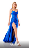 GLAM By MNM COUTURE H07414 satin maxi strap dress with a straight neckline, front pleats, and an open leg.