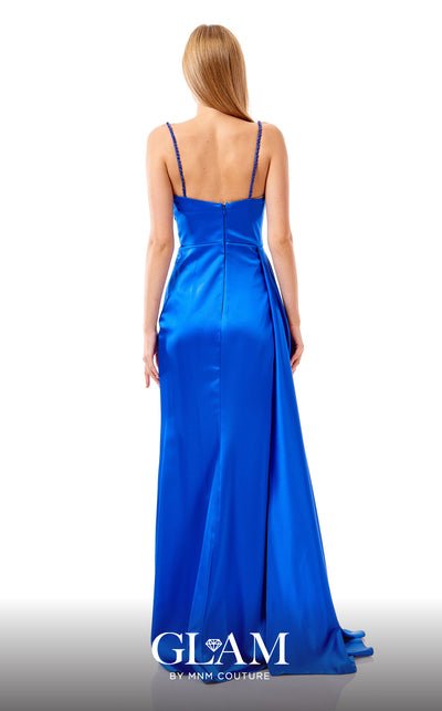GLAM By MNM COUTURE H07414 satin maxi strap dress with a straight neckline, front pleats, and an open leg.