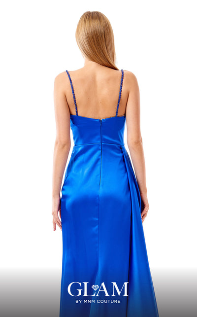 GLAM By MNM COUTURE H07414 satin maxi strap dress with a straight neckline, front pleats, and an open leg.