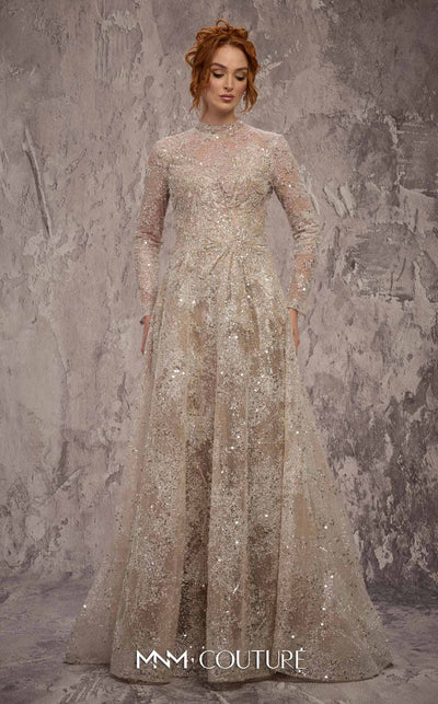 MNM Couture Style J02720 sequined A-line gown with long sleeves, high neckline, and starburst waist detail. \ Couture Shop LA