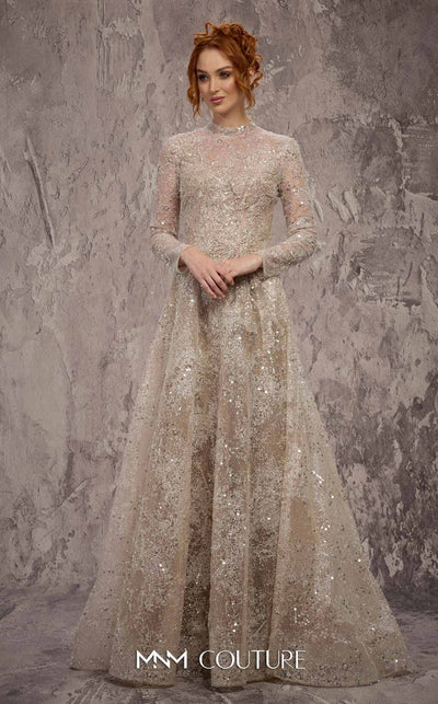 MNM Couture Style J02720 sequined A-line gown with long sleeves, high neckline, and starburst waist detail. \ Couture Shop LA