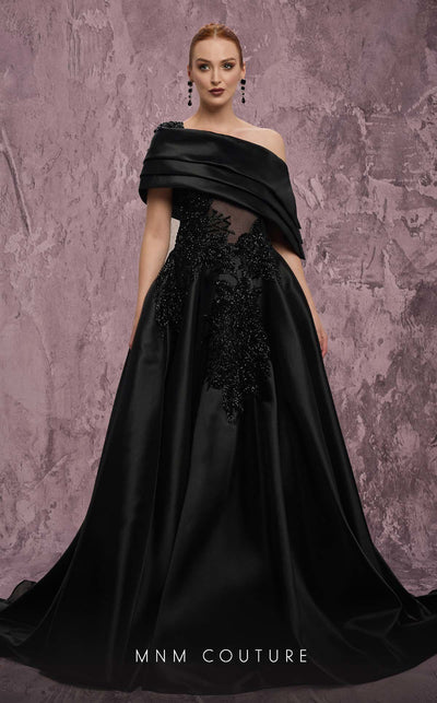 MNM Couture Style J03128 one-shoulder ballgown with a sheer bodice, taffeta skirt, and asymmetrical silhouette. \ Couture Shop LA