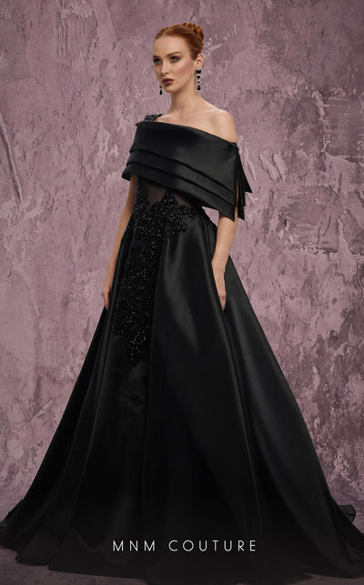 MNM Couture Style J03128 one-shoulder ballgown with a sheer bodice, taffeta skirt, and asymmetrical silhouette. \ Couture Shop LA