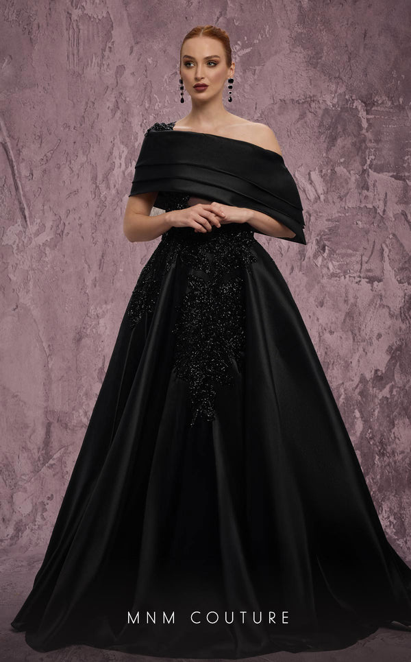 MNM Couture Style J03128 one-shoulder ballgown with a sheer bodice, taffeta skirt, and asymmetrical silhouette. \ Couture Shop LA