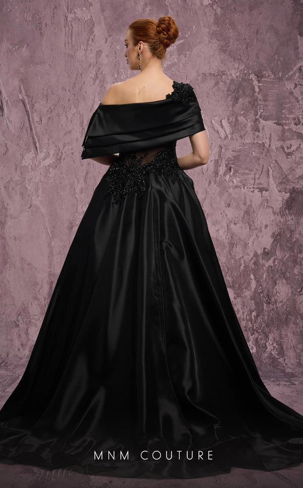 MNM Couture Style J03128 one-shoulder ballgown with a sheer bodice, taffeta skirt, and asymmetrical silhouette. \ Couture Shop LA