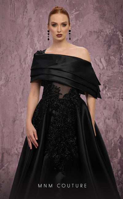 MNM Couture Style J03128 one-shoulder ballgown with a sheer bodice, taffeta skirt, and asymmetrical silhouette. \ Couture Shop LA