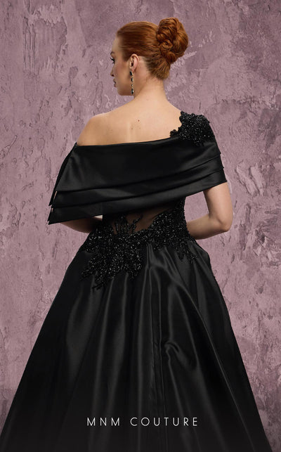 MNM Couture Style J03128 one-shoulder ballgown with a sheer bodice, taffeta skirt, and asymmetrical silhouette. \ Couture Shop LA
