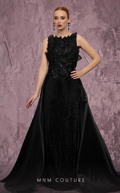 MNM Couture Style J03186 sequined column gown with beaded petals and a satin train. \ Couture Shop LA