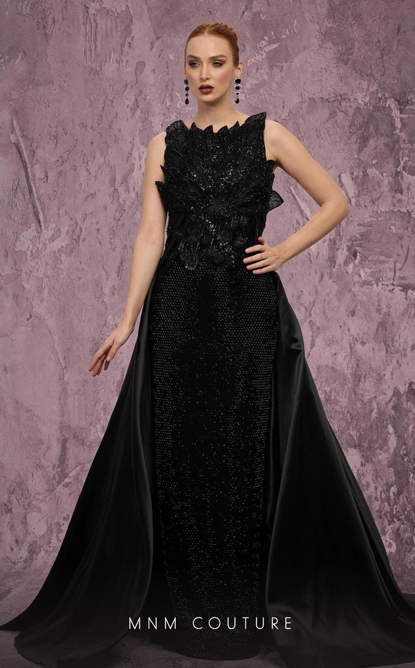 MNM Couture Style J03186 sequined column gown with beaded petals and a satin train. \ Couture Shop LA