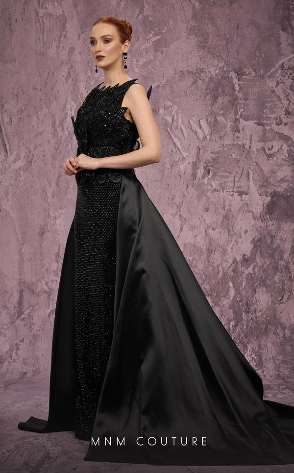 MNM Couture Style J03186 sequined column gown with beaded petals and a satin train. \ Couture Shop LA