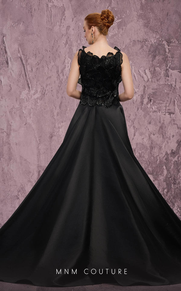 MNM Couture Style J03186 sequined column gown with beaded petals and a satin train. \ Couture Shop LA