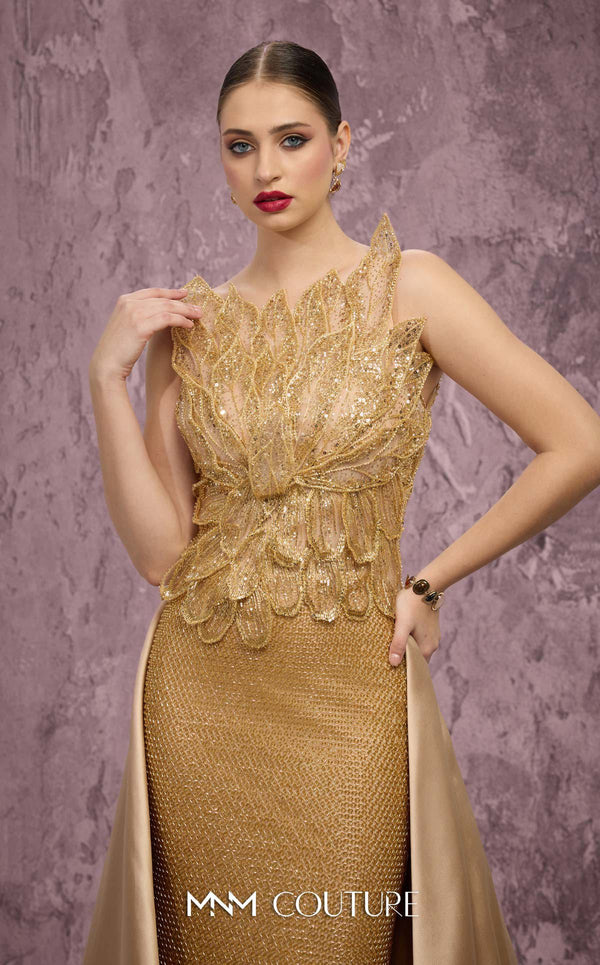 MNM Couture Style J03186 sequined column gown with beaded petals and a satin train. \ Couture Shop LA