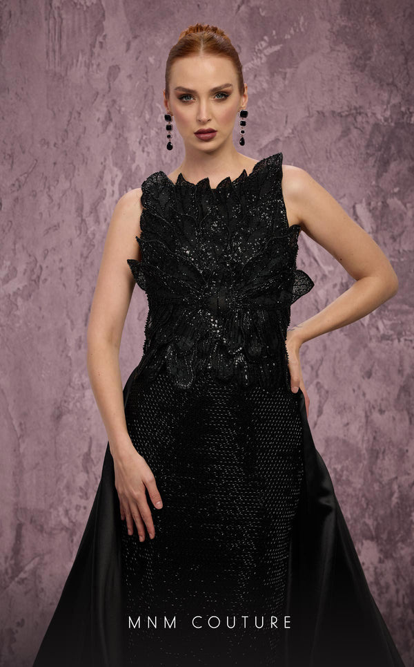 MNM Couture Style J03186 sequined column gown with beaded petals and a satin train. \ Couture Shop LA