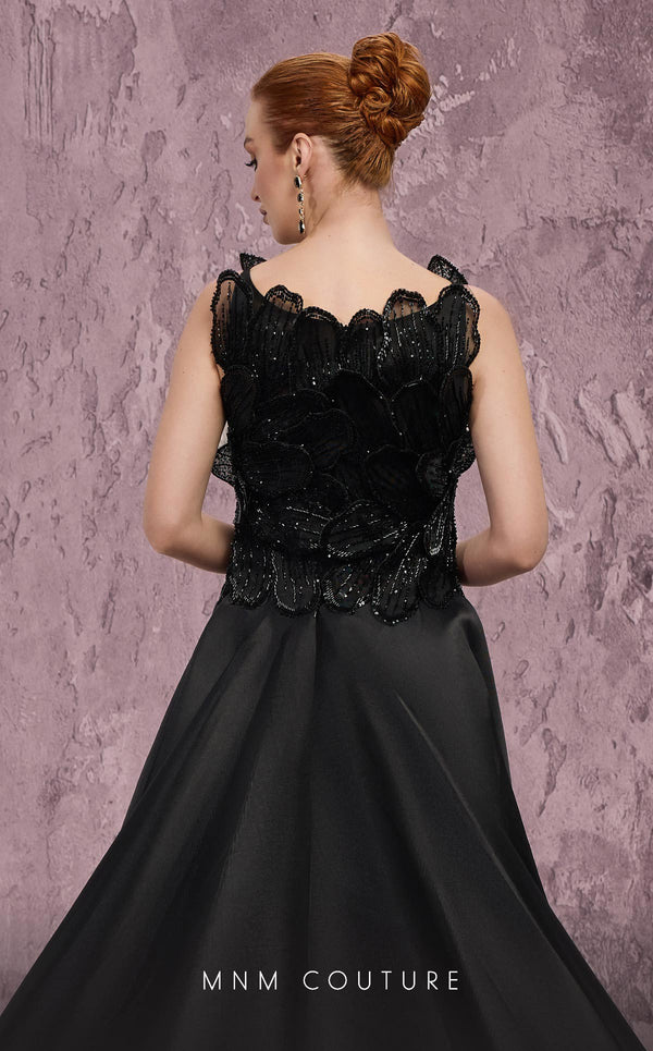 MNM Couture Style J03186 sequined column gown with beaded petals and a satin train. \ Couture Shop LA