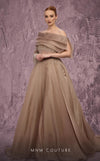 MNM Couture Style J03308 one-sleeved ballgown with beaded fringe, organza skirt, and asymmetrical neckline. \ Couture Shop LA