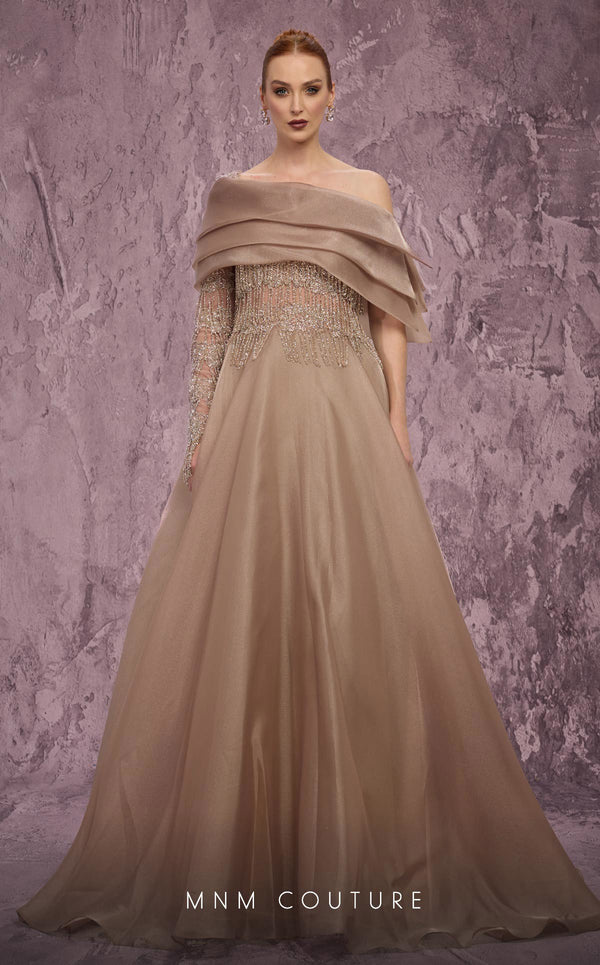 MNM Couture Style J03308 one-sleeved ballgown with beaded fringe, organza skirt, and asymmetrical neckline. \ Couture Shop LA