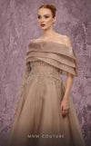MNM Couture Style J03308 one-sleeved ballgown with beaded fringe, organza skirt, and asymmetrical neckline. \ Couture Shop LA