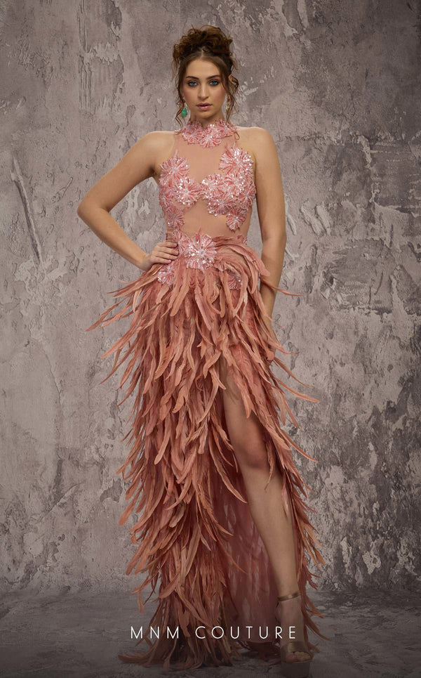 MNM Couture Style J03381 feathered column gown with a sequined top and dramatic split. \ Couture Shop LA